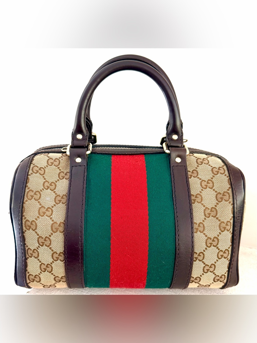 GUCCI Small Joy Boston Bag GG Canvas Web Stripe Satchel Italy